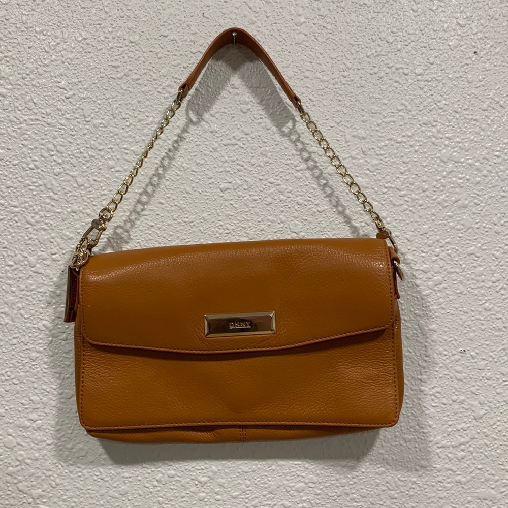 DKNY Camel Color Arm Hand Leather and Chain Purse Bag